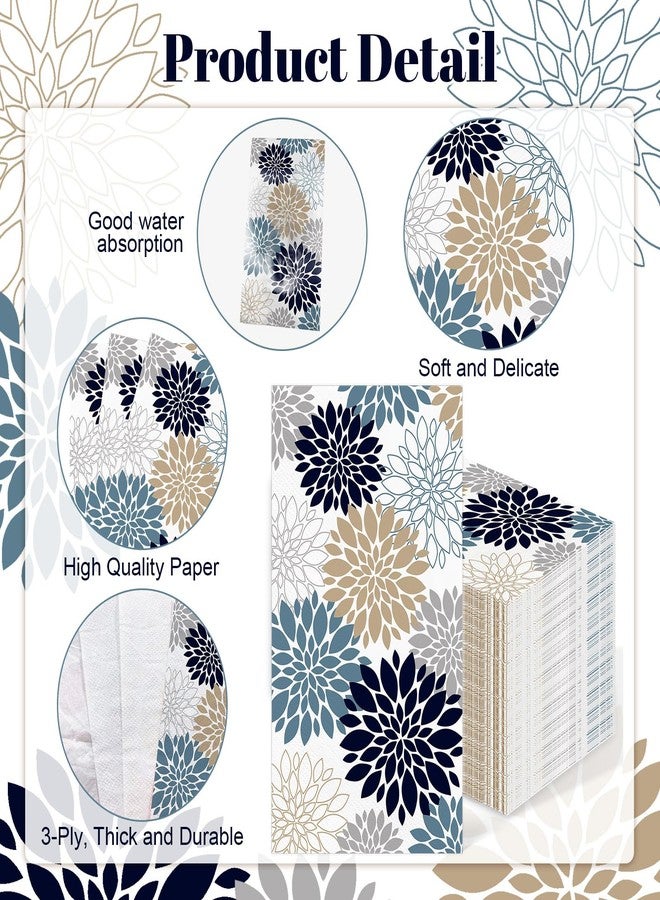 IANFEPH 100 Pack Fall Dahlia Paper Napkins 3 Ply Disposable Bathroom Guest Hand Towels 4.3 x 7.9 Inch Blue Grey Vintage Floral Napkin for Wedding Birthday Party Supplies - Image 3